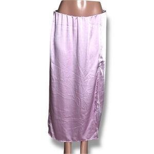 a new day Baby Pink/Lavender Satin Elastic Waist Midi Straight Side Slit Skirt